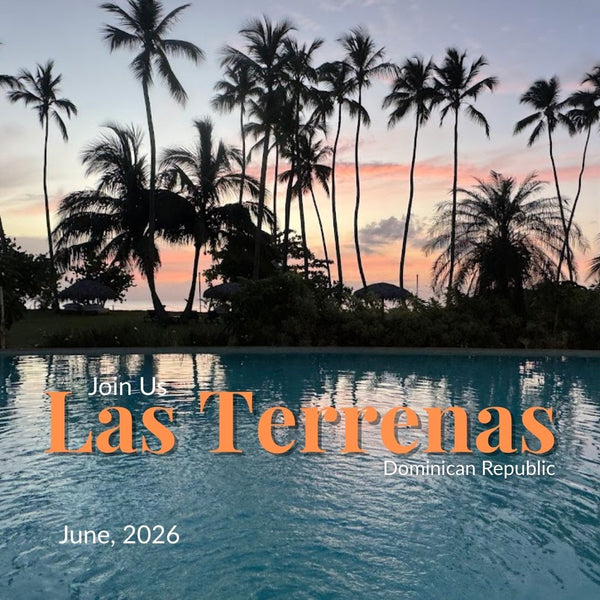 Las Terrenas women’s villa retreat—palm trees and pool at sunset — GO Babes Travel (Jun 2026)