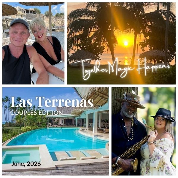 Collage of images from Las Terrenas featuring couples, a sunset, a pool, and a couple with a saxophone.